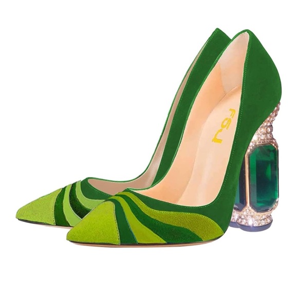 FSJ Shoes - FSJ Women Bridal Pointed Toe Chunky Block High Heel Crystal Pumps Slip on